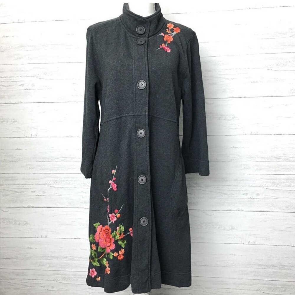 Johnny Was Jacket Grey French Terry Military Button Front 3/4 Sleeves Medium